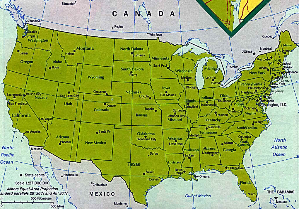 Big map of USA with all states and major cities labeled. USA/Canada is below