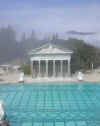 looking down from the first guest house toward the Neptune pool. The ocean is below.. under the mist, which later lifted.