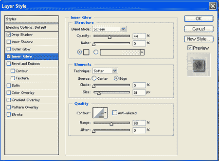 I like the look of a large-sized yellow inner glow at 45% opacity.